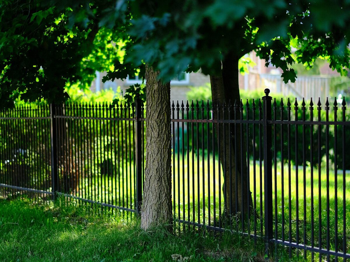 Czarne ogrodzenie palisadowe z pionowych profili w ogrodzie